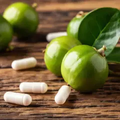 Frutti verdi di garcinia cambogia e capsule su legno.