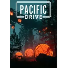 Nocny las, tajemnicze, świecące kule i wiszące lampy. Logo "PACIFIC DRIVE" nad drzewami.