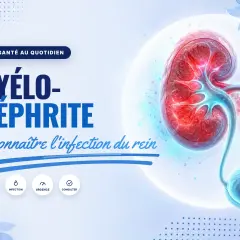 Pyélonéphrite : reconnaître l'infection du rein. L'image montre un rein et une vessie, avec des icônes pour les signes, l'infection, l'urgence et la consultation.