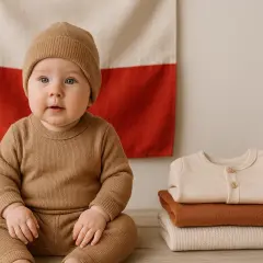 Urocze przebranie dla niemowlaka w beżowym kolorze, siedzącego przed polską flagą. Obok stosik ubranek.