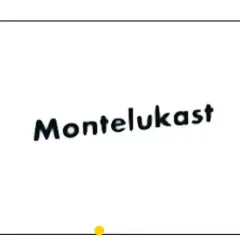 Napis "Montelukast" na białym tle. Mały żółty punkcik pod napisem.