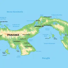 Mapa Panamy pokazuje jej położenie między Morzem Karaibskim a Pacyfikiem. Widoczne są miasta, wyspy i zatoki, w tym Archipelag Bocas del Toro.