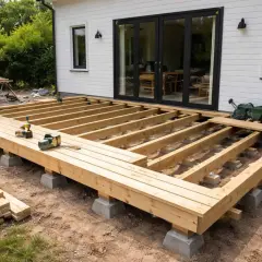 Byggnation av altan med synliga bjälkar och plintar. Trämaterial ligger redo för att färdigställa altanen.