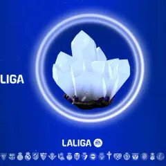 Cristal brillante rodeado por un aura luminosa, con el logo de Solán de Cabras y La Liga. Las propiedades del agua Solán de Cabras son tan puras como este cristal.
