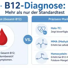 B12-Diagnose: Standardtest vs. präzisere Marker wie Holo-TC, MMA und Homocystein, die einen Vitamin B12 Mangel genauer aufzeigen.
