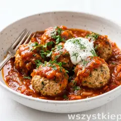 Pulpety z indyka w sosie pomidorowym, udekorowane natką pietruszki i koperkiem, podane z łyżką śmietany. Obok kromka chleba z masłem.