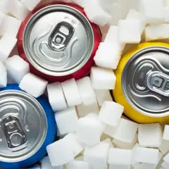 Trzy puszki napojów otoczone kostkami cukru. Zastanawiasz się, ile cukru ma jedno piwo? Obraz sugeruje, że sporo!