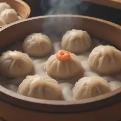 Parujące pierożki dim sum w bambusowym parowniku, jeden z krewetką na wierzchu.