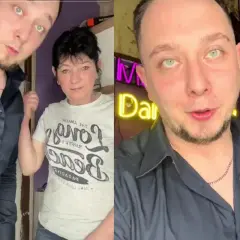 Goha z matką, w tle neonowy napis "Dance".