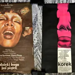 Dwa plakaty filmowe: z lewej "Dzieci bogu już piątek" z Donna Summer, z prawej "Korek" z Marcello Mastroianni. Oba filmy od 21 lat.