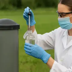 Naukowczyni w masce i rękawiczkach pobiera próbkę wody do analizy, dbając o dezynfekcję studni głębinowej.