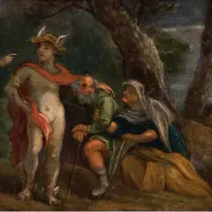 Un hombre con túnica roja señala a Mercurio, quien se dirige a una pareja de ancianos. Obra de arte del Renacimiento.