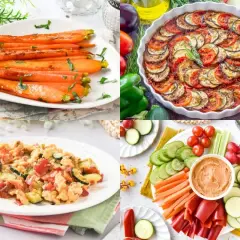 Cuatro platos con deliciosas recetas de verduras: zanahorias glaseadas, ratatouille, revuelto y crudités con hummus.