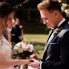 Pan młody zakłada obrączkę na palec panny młodej. W tle piękny bukiet ślub cywilny.