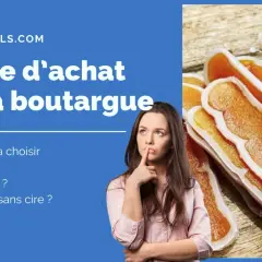 Guide d'achat de la boutargue : une femme réfléchit aux critères de choix (taille, couleur, cire). Gros plan sur des boutargues.