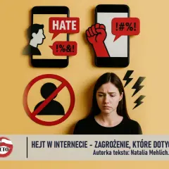 Smutna dziewczyna obok symboli hejtu w internecie. Telefony z napisami "HATE" i przekleństwami, zakaz wchodzenia dla użytkownika.