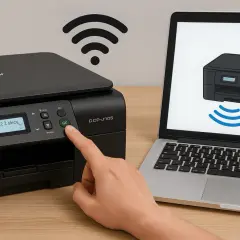 Instrukcja, jak połączyć drukarkę z internetem. Dłoń naciska przycisk "GX" na drukarce Brother DCP-J105, obok wyświetlacza z napisem "Połącz z siecią".