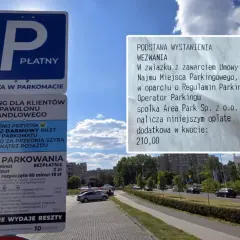 Mandat za brak biletu parkingowego na kwotę 210 zł. Na znaku informacja o opłatach i cenniku parkingu.