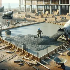 Betoniarka wylewa beton na chudziaka. Pracownicy rozgarniają masę łopatami na budowie.