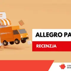 Dostawa z Allegro Pay raty: ciężarówka wyjeżdża z telefonu, obok napisy "Allegro Pay" i "Recenzja".