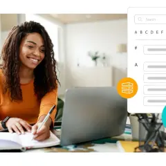 A woman smiles while working on her laptop, taking notes. Icons suggest a digital workflow, perhaps related to digital watermarking for content protection.