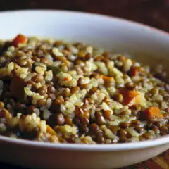 Un plato humeante de lentejas con arroz y trozos de zanahoria, listo para disfrutar.