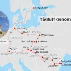 Karta över en tågluff genom Europa med rutt från Stockholm via Hamburg, Berlin, Warszawa, Wien, Budapest till Bukarest och Constanta. Bra interrail tips!