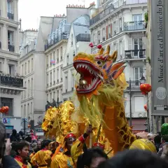 Un grand dragon doré danse dans les rues de Paris lors du défilé du nouvel an chinois, sous les regards émerveillés de la foule.