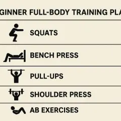 Ein Trainingsplan für Muskelaufbau für Anfänger: Kniebeugen, Bankdrücken, Klimmzüge, Schulterdrücken und Bauchübungen.