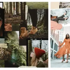 Kolaż z motywami podróżniczymi i modowymi. W lesie, na ulicy, w górach.