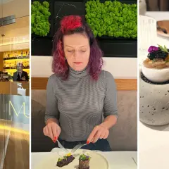 Elegancka restauracja z gwiazdką Michelin w Polsce. Kobieta delektuje się wykwintnym daniem, a obok stoją artystycznie podane przekąski.