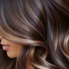Cabello castaño con mechas melting que brillan como caramelo líquido.