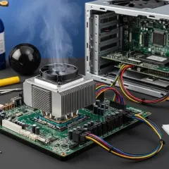 Vapeur s'échappant d'un refroidisseur de processeur sur une carte mère, avec un boîtier d'ordinateur ouvert et des outils de réparation. Le **temp processeur** est visiblement élevé.