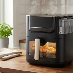 Nowoczesny airfryer z okienkiem, w którym piecze się łosoś. Idealny do zdrowego gotowania, warto sprawdzić jego ranking.