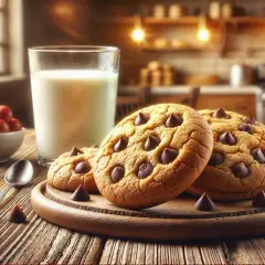 Galletas de chocolate recién horneadas, con un vaso de leche y cerezas, listas para disfrutar. La masa de galletas perfecta para cualquier ocasión.