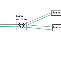 Schemat podłączenia lampy LED z włącznikiem przez kostkę zaciskową. Dwa przewody zasilające łączą się w kostce, a następnie rozchodzą do dwóch lamp LED.