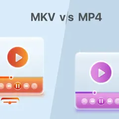MKV vs MP4: A visual comparison of video file formats, showing playback controls and feature checklists.