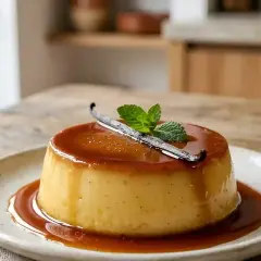 Un délicieux flan antillais, nappé de caramel et garni d'une gousse de vanille et de menthe.