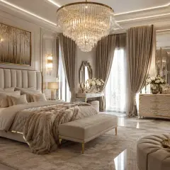 Luksusowa sypialnia z kryształowym żyrandolem, złotymi dodatkami i obrazem z drzewami. Inspiracja, jak urządzić sypialnię w eleganckim stylu.