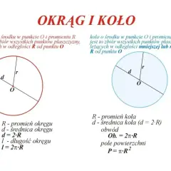 Dwa okręgi z zaznaczonymi promieniami i średnicami, wraz ze wzorami matematycznymi.