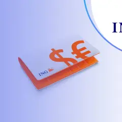 Portfel z symbolami dolara i euro, logo ING. Sprawdź opłaty za konto walutowe.