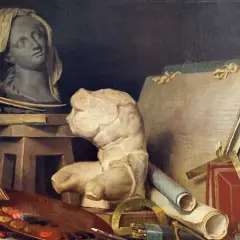 Studium artysty w stylu neoklasycyzm: popiersie, tors, paleta z farbami, pędzle, księgi i przybory kreślarskie.