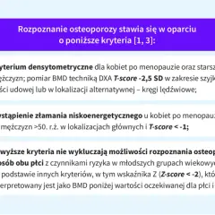 Kryteria rozpoznania osteoporozy: densytometryczne (T-score ≤ -2,5 SD), złamanie niskoenergetyczne (T-score < -1) lub Z-score < -2 u młodszych osób.