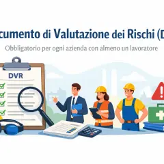 Valutazione dei rischi (DVR) obbligatorio per ogni azienda con dipendenti. Personale analizza documenti, caschi e kit pronto soccorso.