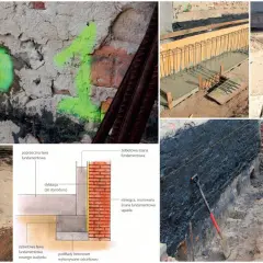 Budowa fundamentu przy istniejącym budynku: betonowanie, zbrojenie, dylatacja i przekrój ławy fundamentowej.
