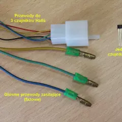 Przewody do 3 czujników Halla i jeden z nich. Główne przewody zasilające.