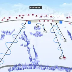 Mapa ośrodka Rusin-Ski w Bukowinie Tatrzańskiej. Widoczne wyciągi narciarskie, trasy, parkingi i domki.