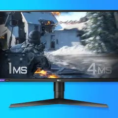 LG Gaming Monitor mit 1ms und 4ms Reaktionszeit, zeigt eine Szene aus einem Schneespiel.