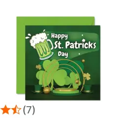 Biglietto verde per San Patrizio con boccale di birra, trifogli e cappelli. Frasi di auguri per la festa.