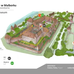 Mapa trasy zwiedzania zamku w Malborku. Poznaj atrakcje i zaplanuj 60-minutową wycieczkę z audioprzewodnikiem.